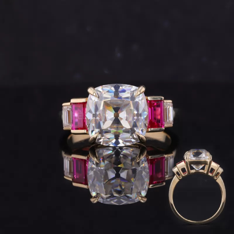 Old European cushion cut ring with emerald and ruby side stones – vintage elegance with vibrant gems