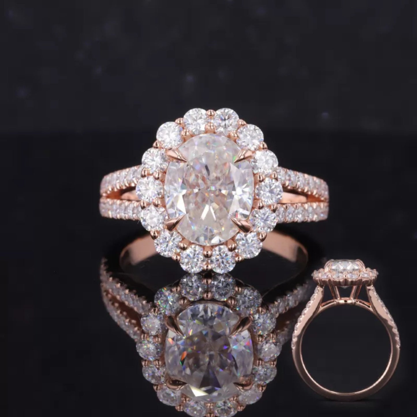 Oval cut moissanite engagement ring with halo and split shank design – luxurious sparkle with timeless charm