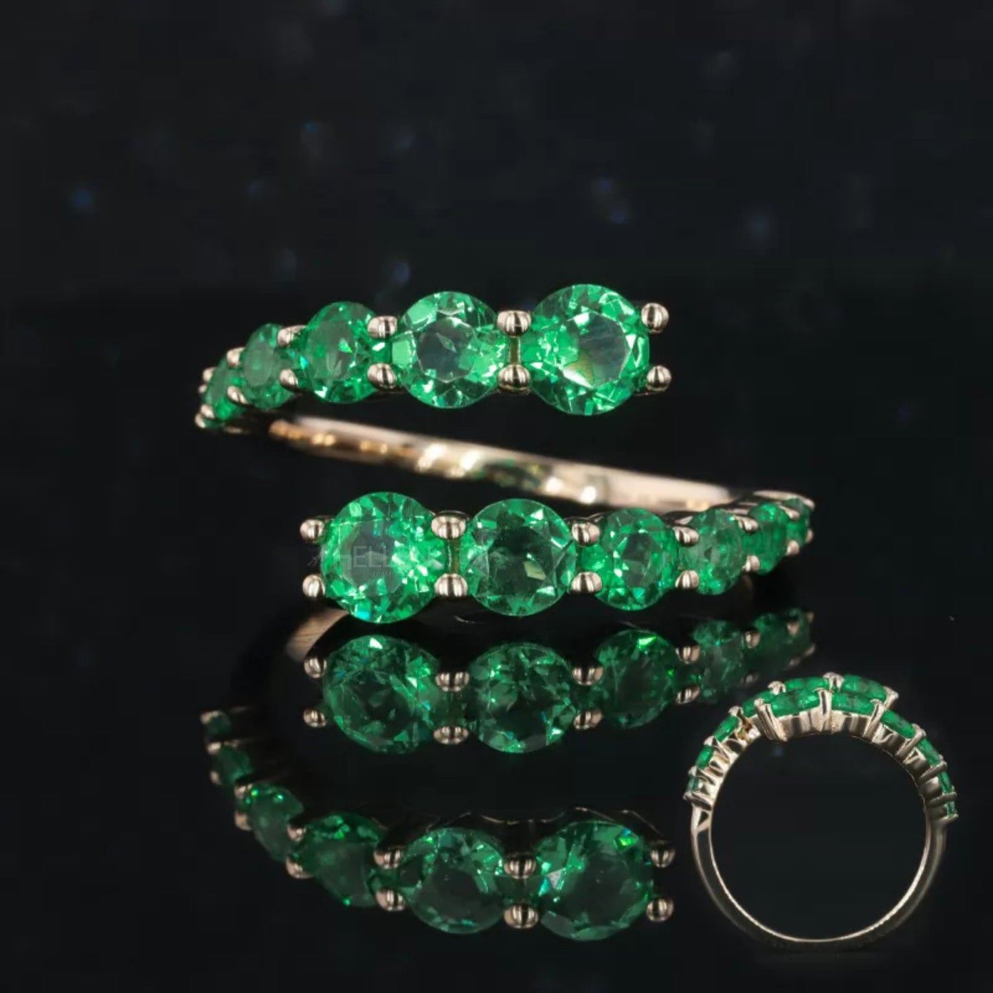 Open gap wedding band with round cut green emerald – vibrant and minimal modern band design