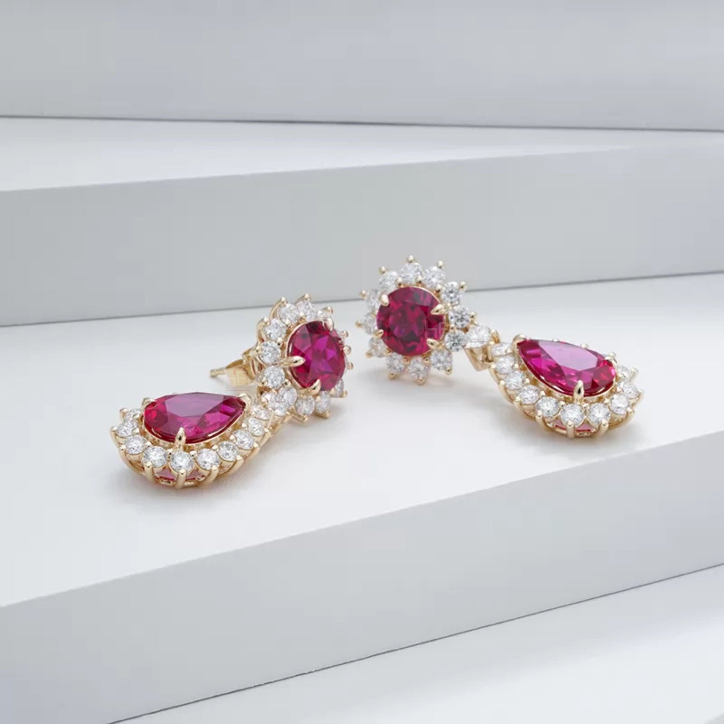 Drop earrings with ruby halo and round moissanite – striking color contrast and luxury style