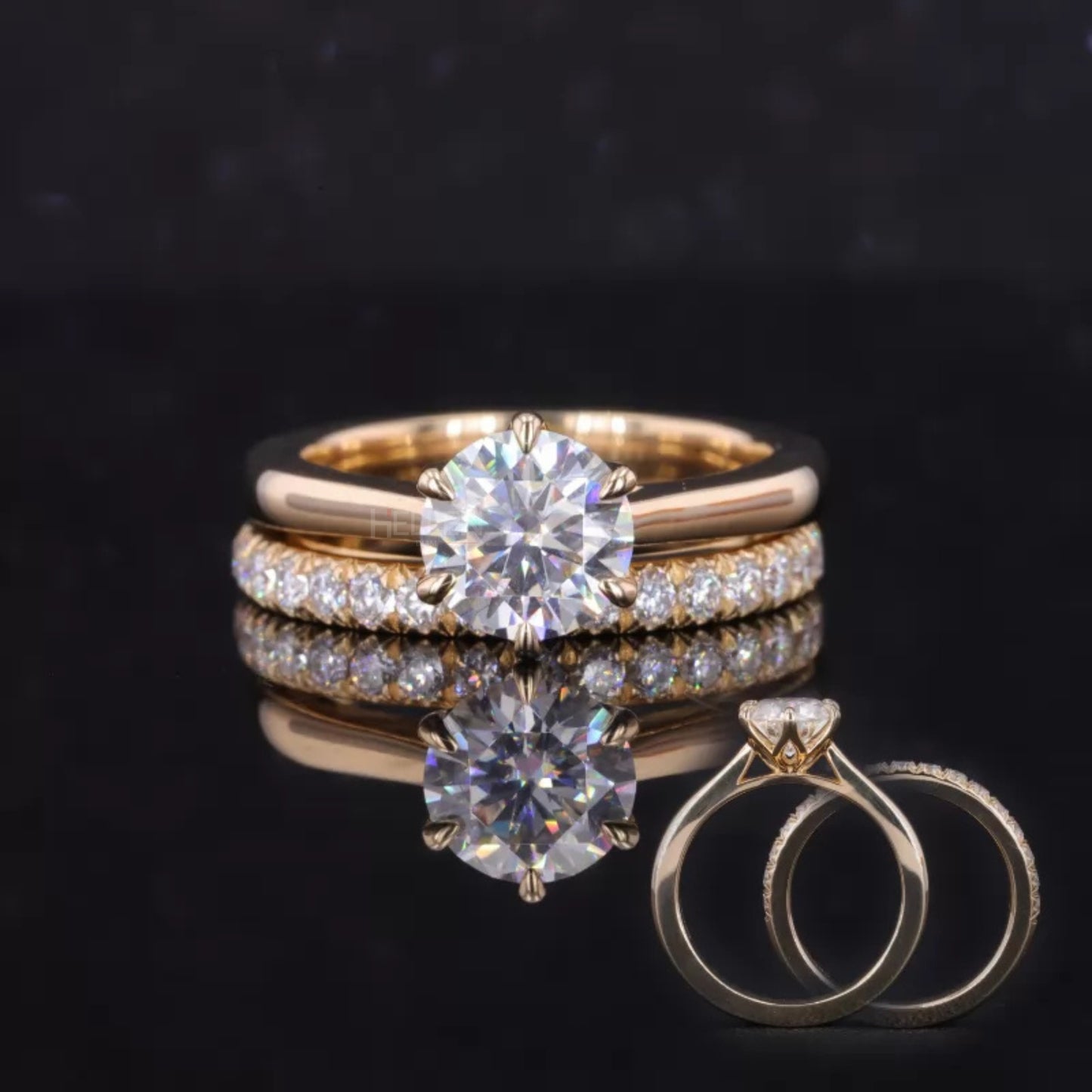 Round moissanite solitaire paired with half-round eternity band – classic stackable ring duo for brides