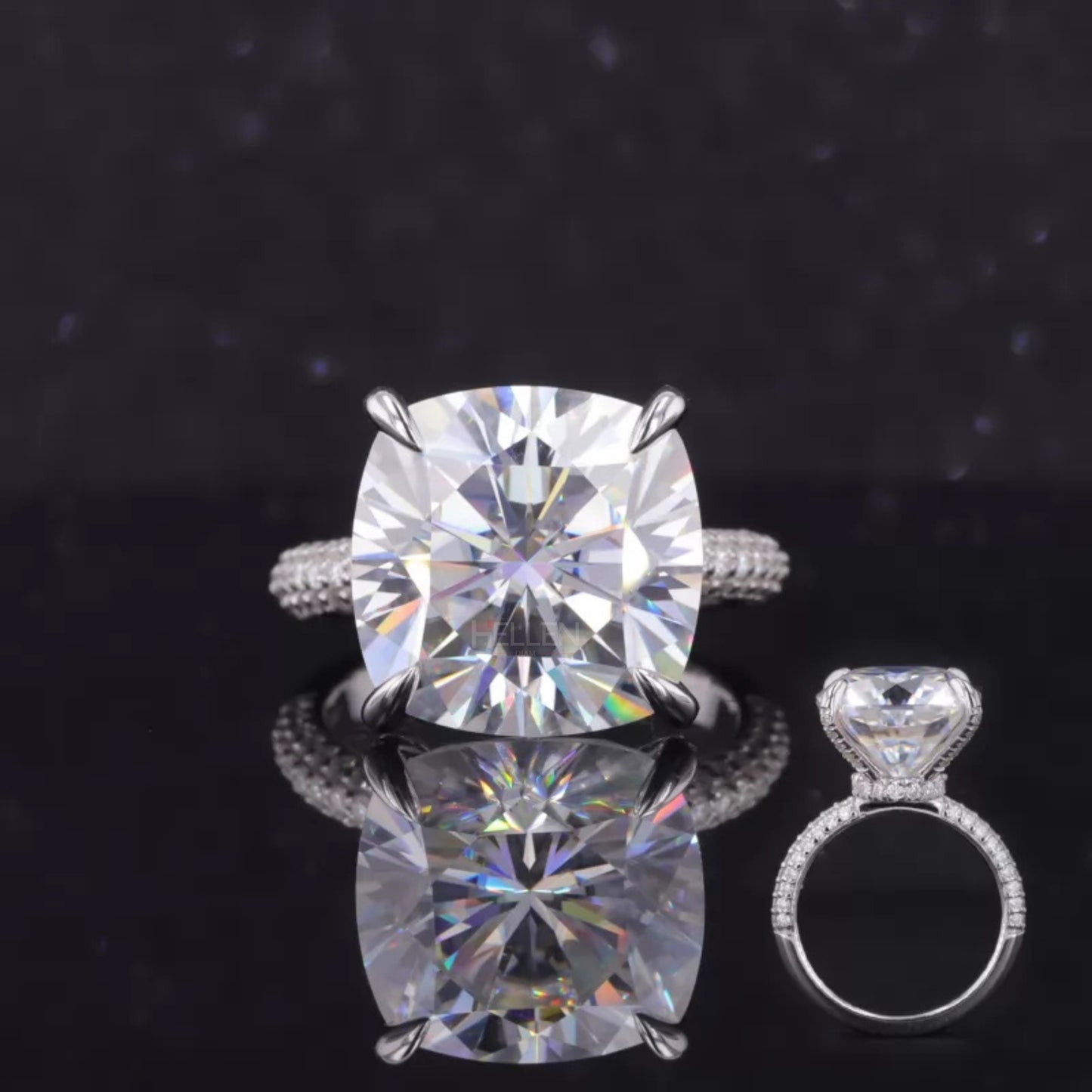 10 carat cushion cut moissanite ring with hidden halo and side stones – bold and brilliant luxury engagement ring