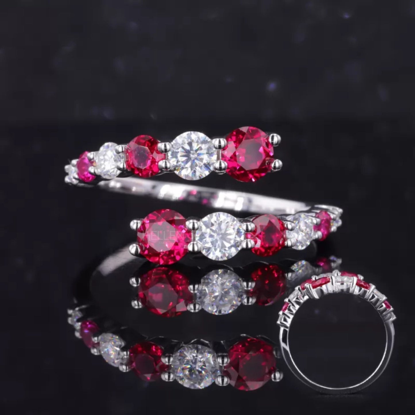 Split shank ring band with red ruby gemstone and moissanite accents