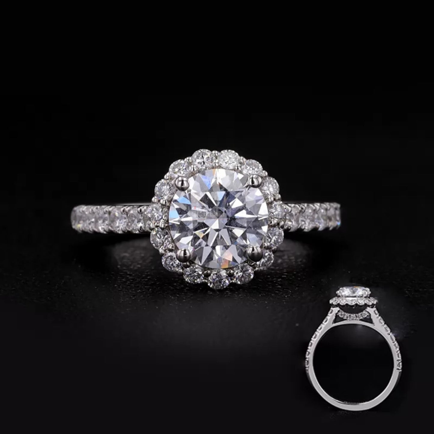 Round cut moissanite solitaire engagement ring with pavé halo – classic brilliance with added shimmer