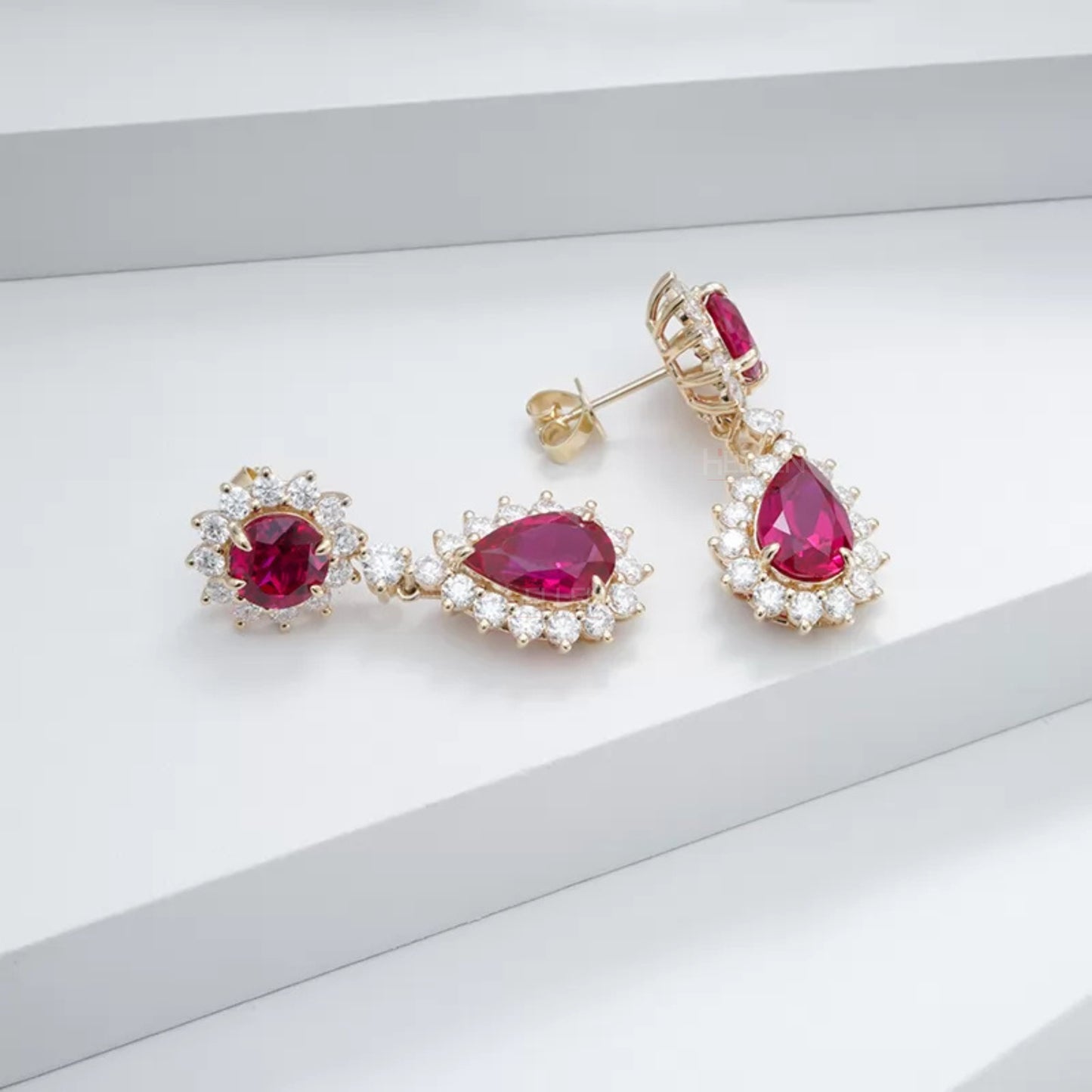 Stunning Ruby Halo Drop Earrings With Round Cut Moissanite
