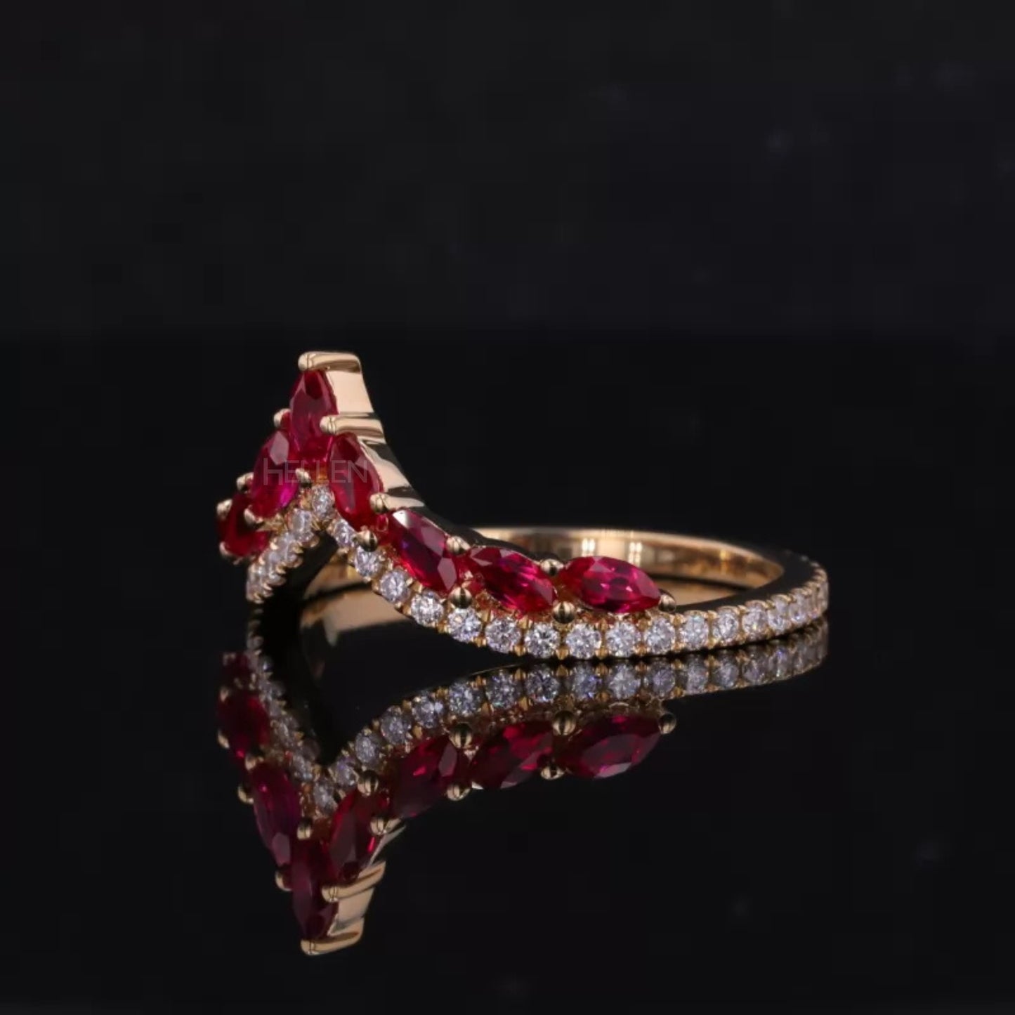 Red/Ruby Gemstone and Moissanite V-Shaped Ring – Eye-Catching
