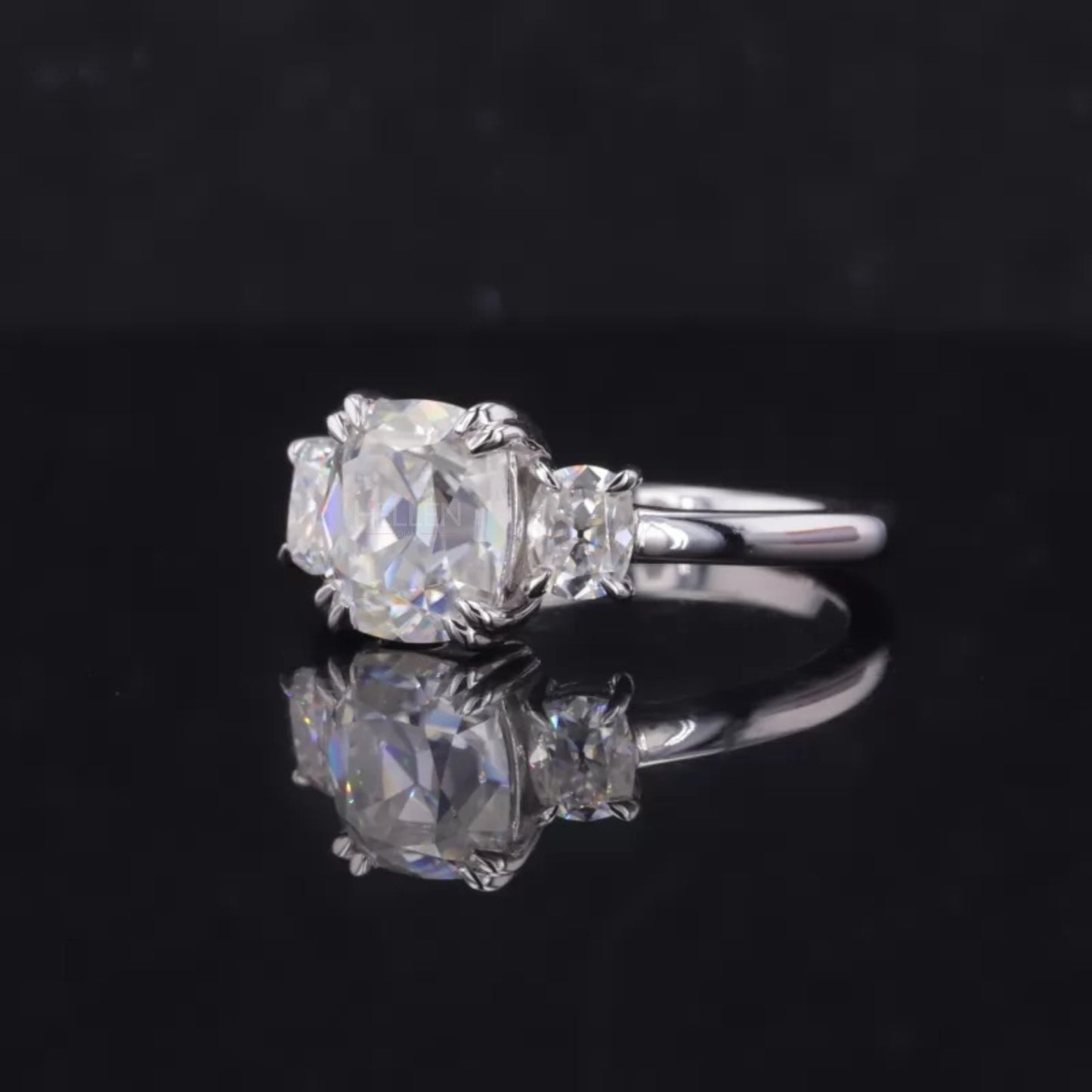 Cushion Old Mine Cut 3 Stone Bridal Ring
