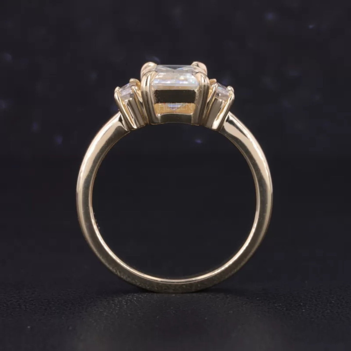 Three Stone Emerald Cut Moissanite Engagement Ring