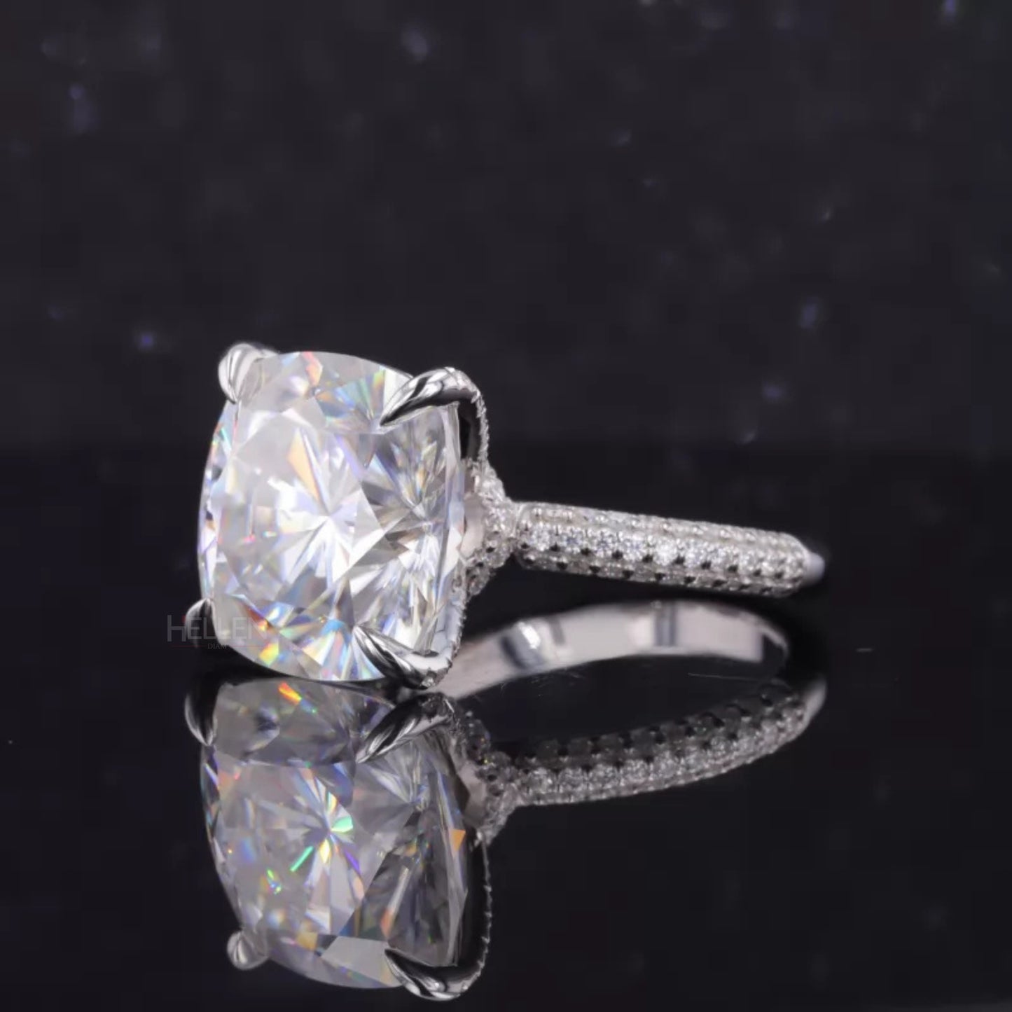 10 Ct Cushion Cut Solitaire Moissanite Hidden Halo & Round Side Ring