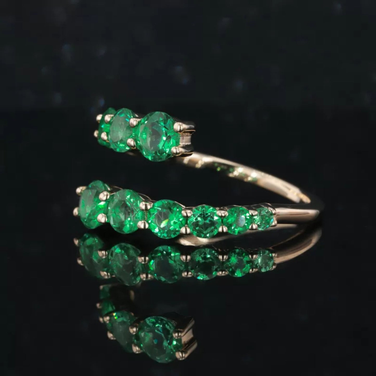 Round Cut Green Emerald Open Gap Wedding Band