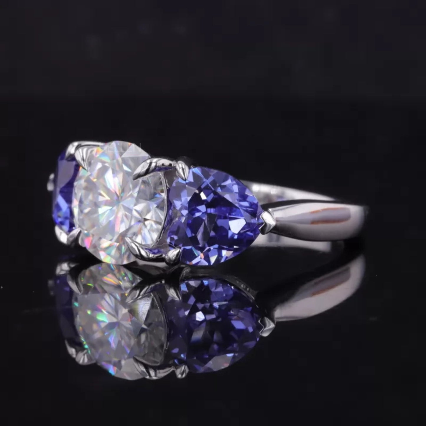 Round and Blue Heart Cut Moissanite Engagement Ring
