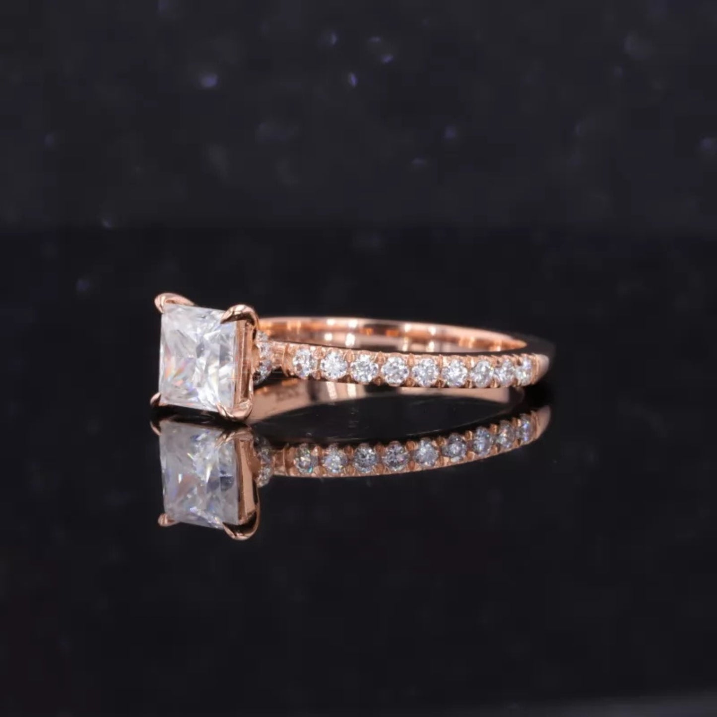 Princess Cut Moissanite Solitaire Ring with Round Diamond Shank