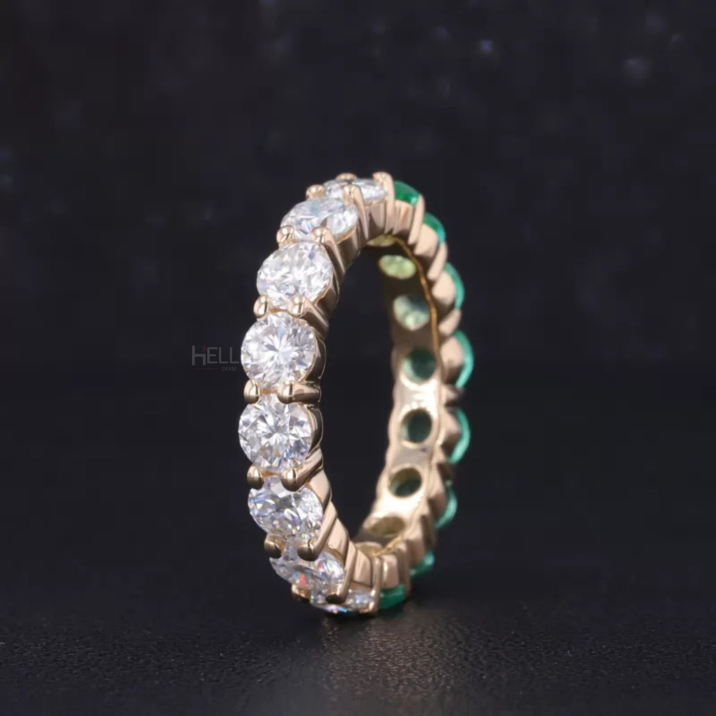 Half Green Gemstone & Moissanite Round Cut 2-in-1 Wedding Band