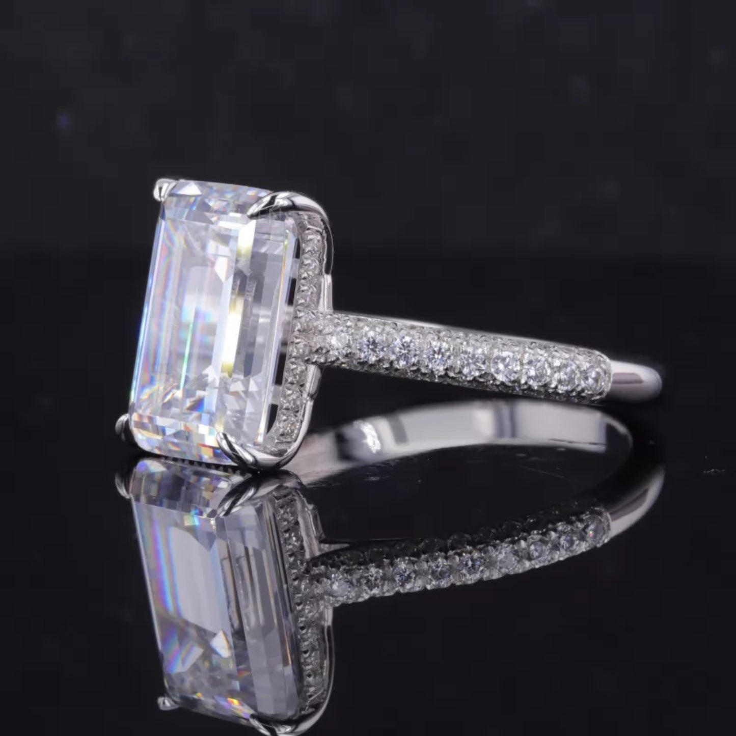 Emerald Cut Solitaire Moissanite Hidden Halo & Round Side Ring