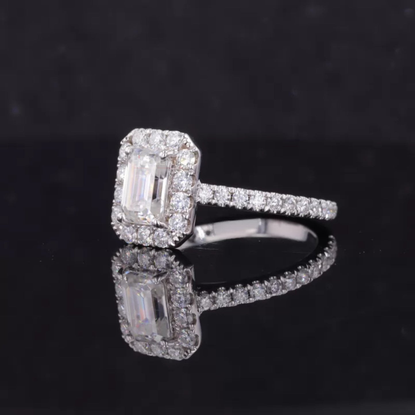 Center Emerald Cut And Round Halo Moissanite Engagement Ring