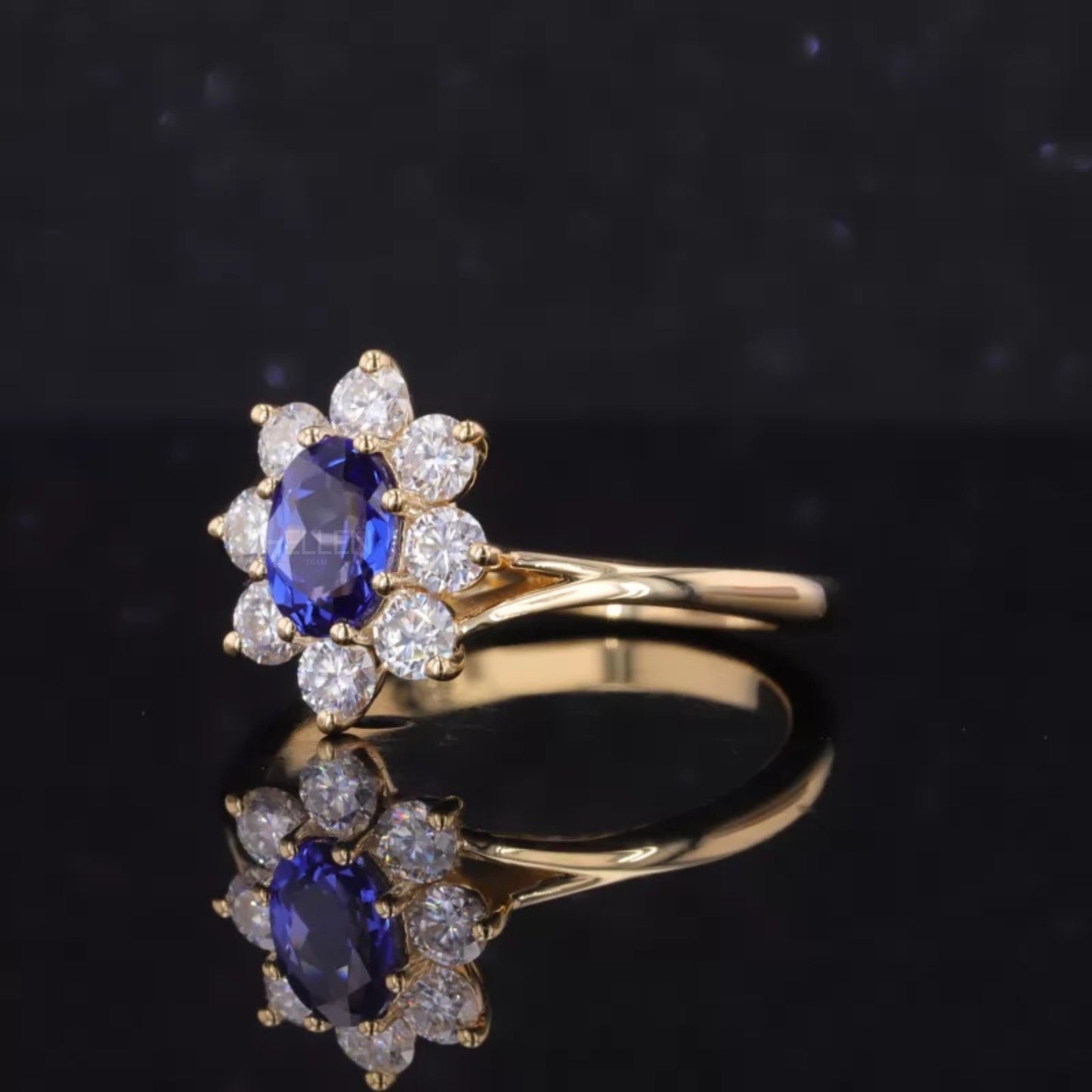 Blue Sapphire Oval Gemstone with Round Cut Halo Engagement Ring