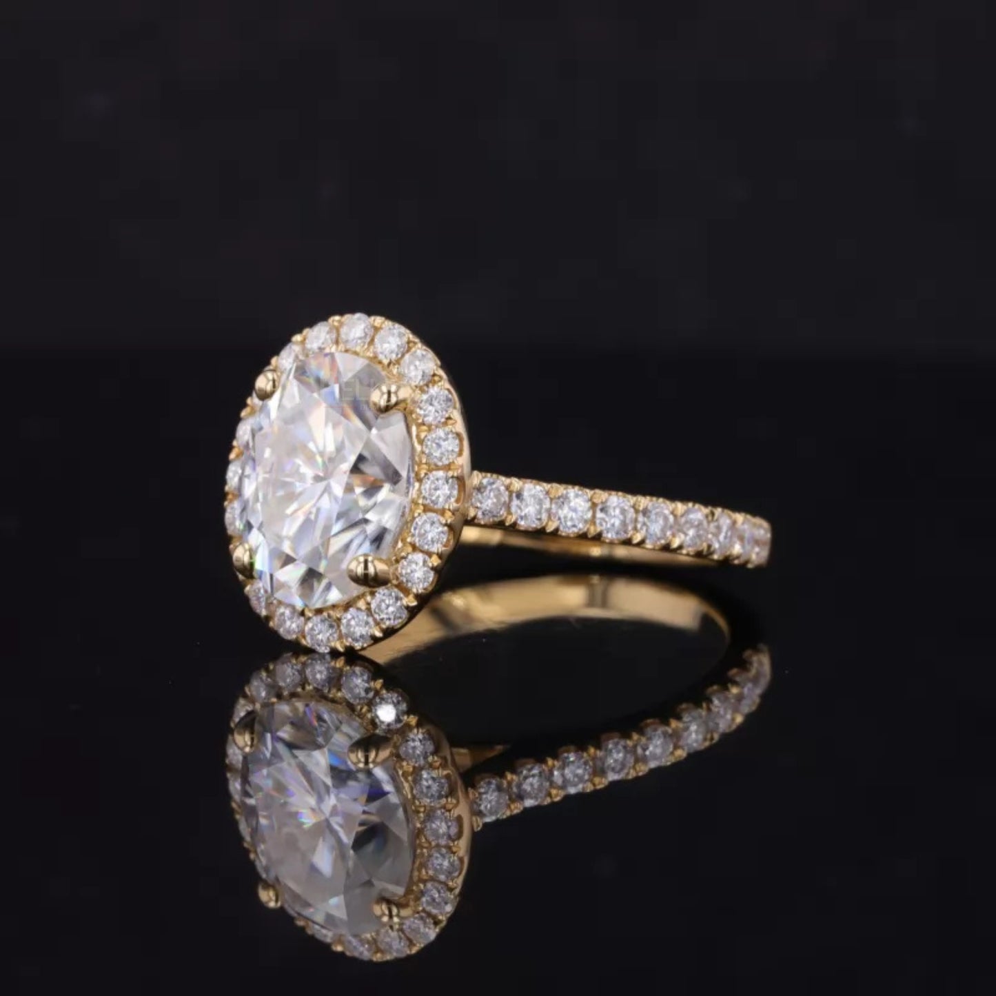 Oval Cut Center & Round Halo Moissanite 3 Stone Proposal Ring