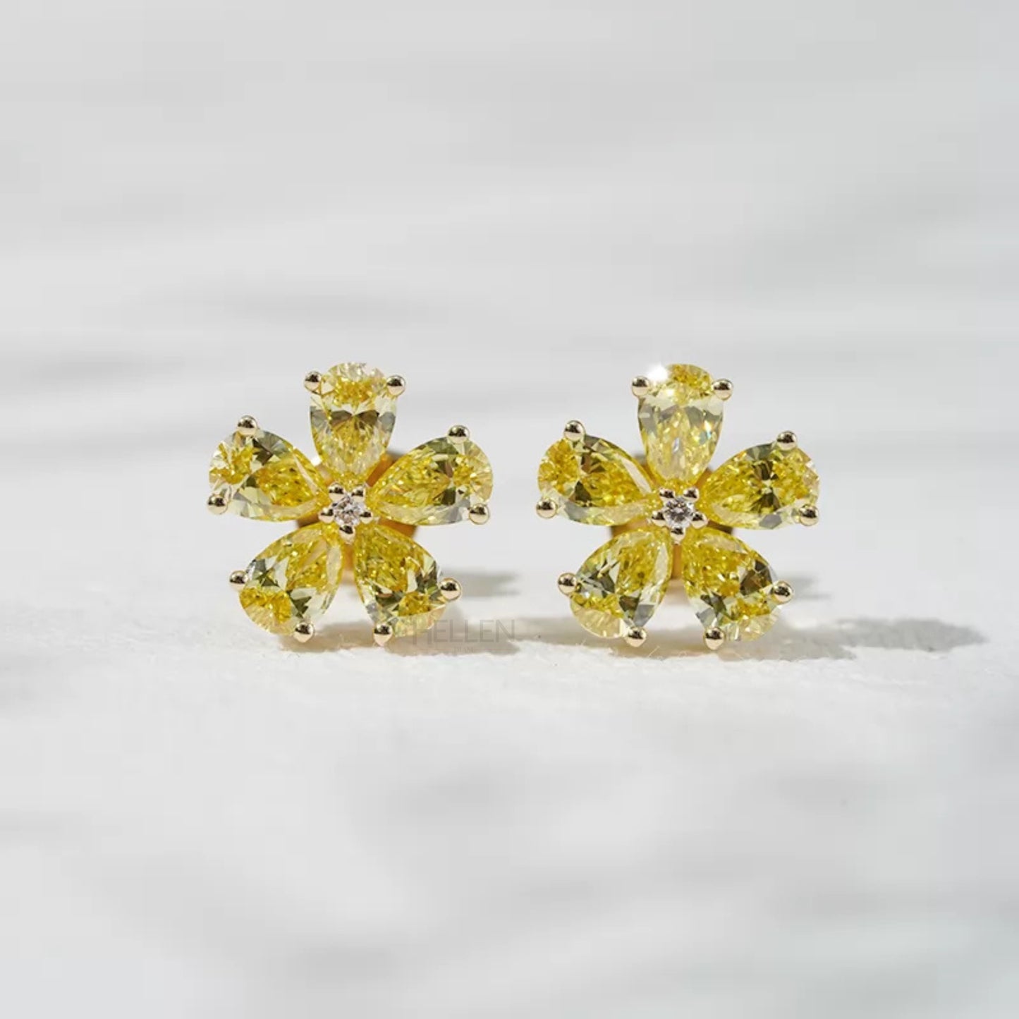 Pear Shaped Yellow Sapphire Flower Stud Earrings - 925 Silver