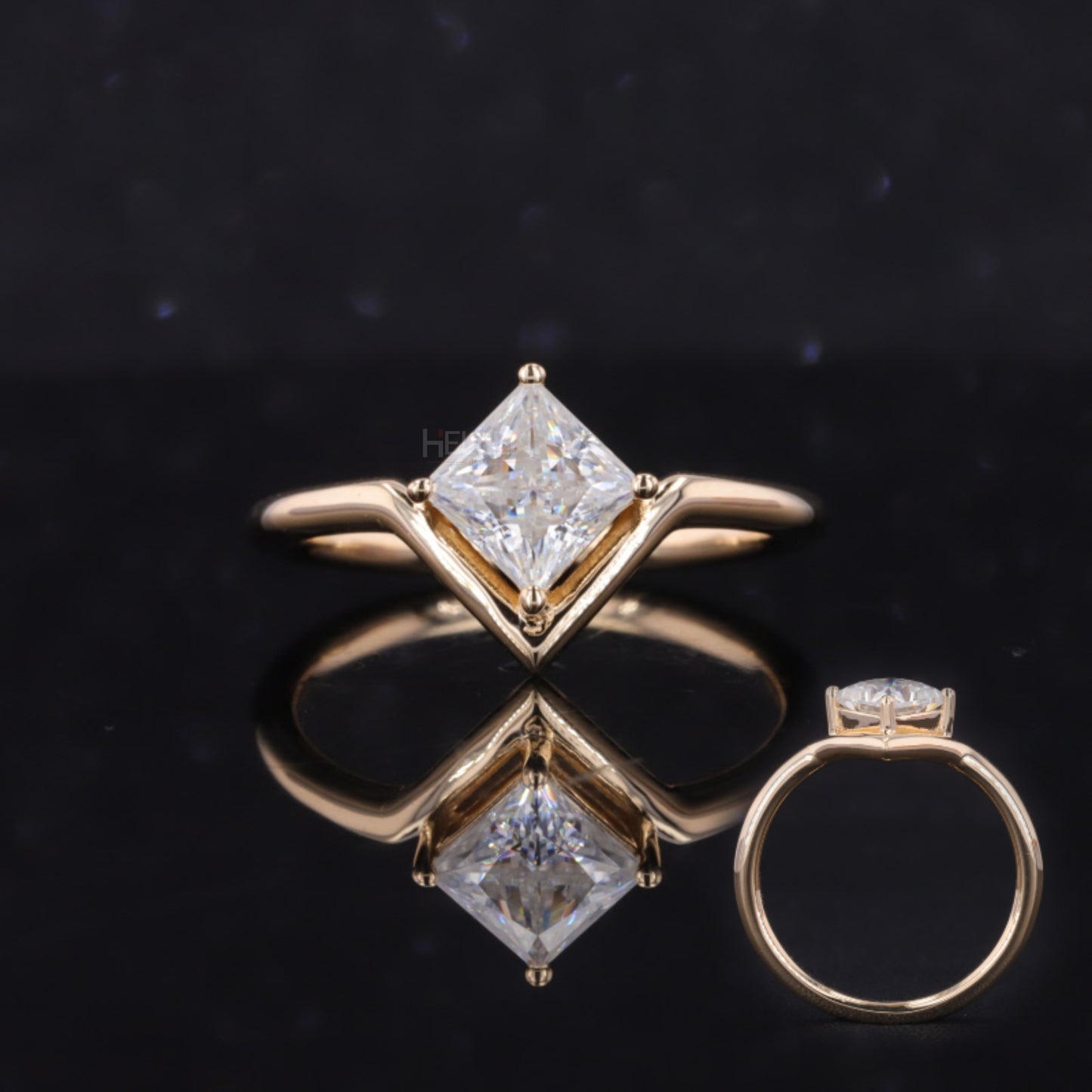 Princess cut moissanite solitaire ring in a unique V-shaped proposal setting – modern bridal ring with bold silhouette