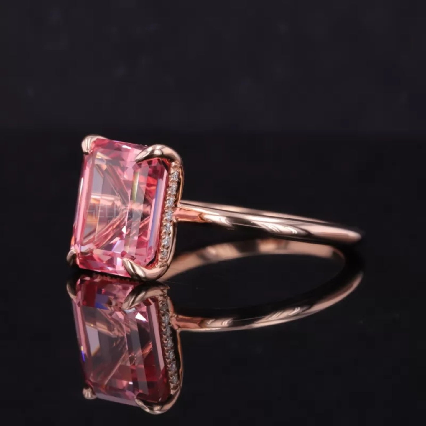 Pink Emerald Cut Gemstone Semi-Precious Halo Ring