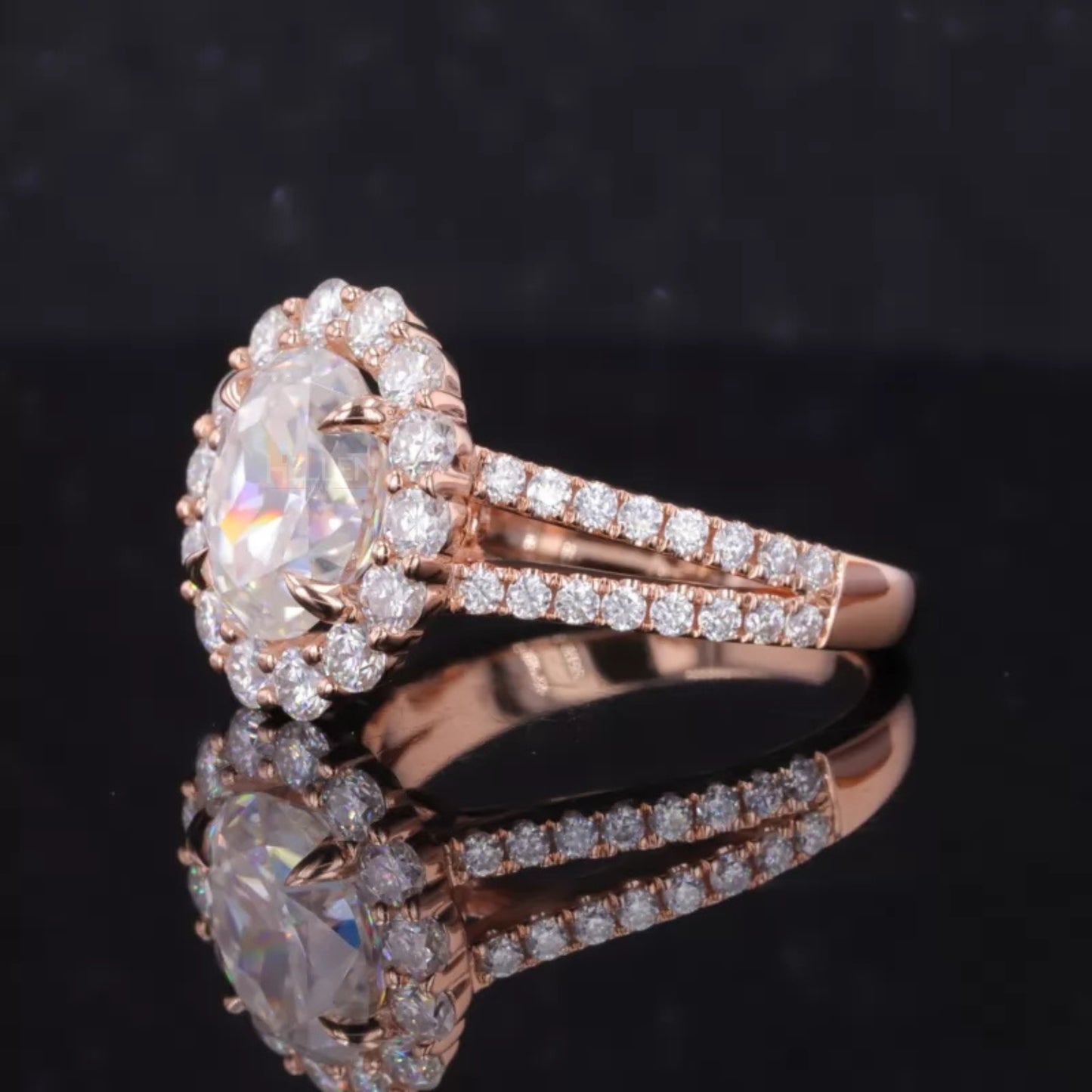 Oval Cut Halo Split Shank Moissanite Engagement Ring