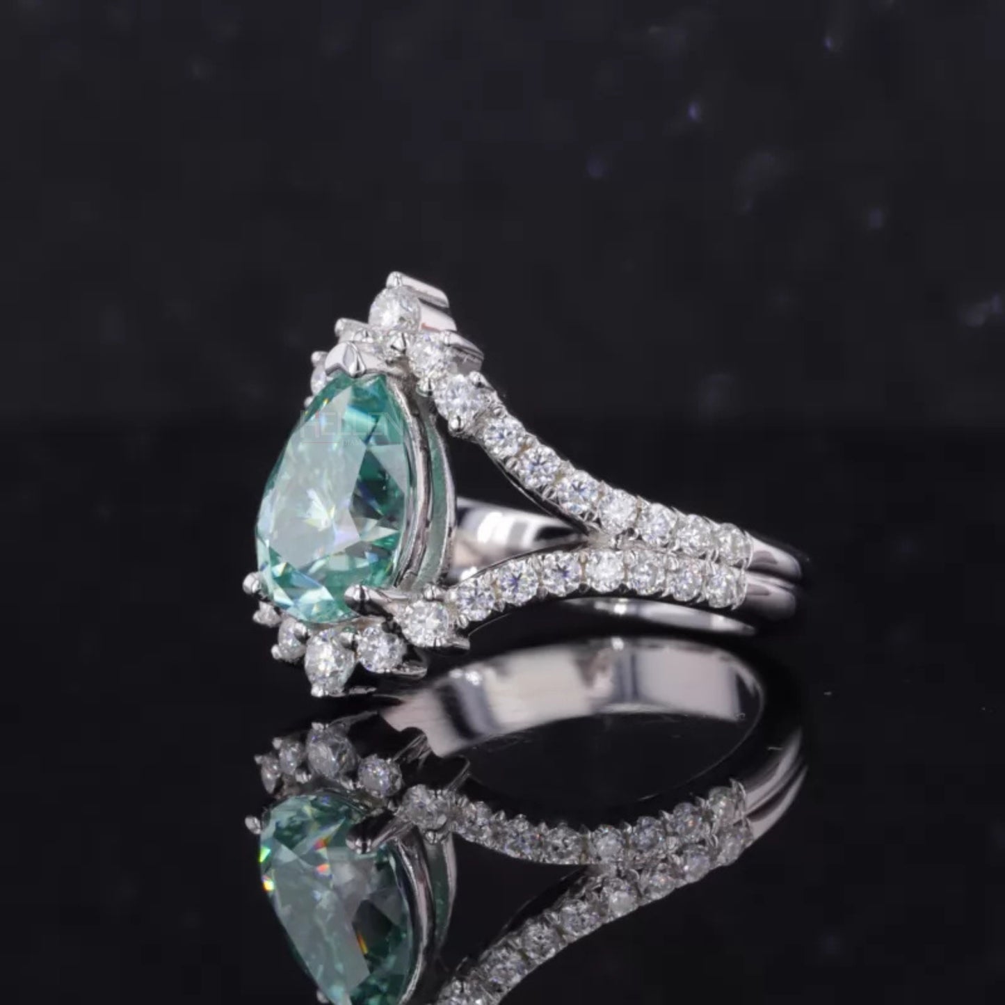 Blue-Green Pear & Round Moissanite Split Shank Engagement Ring