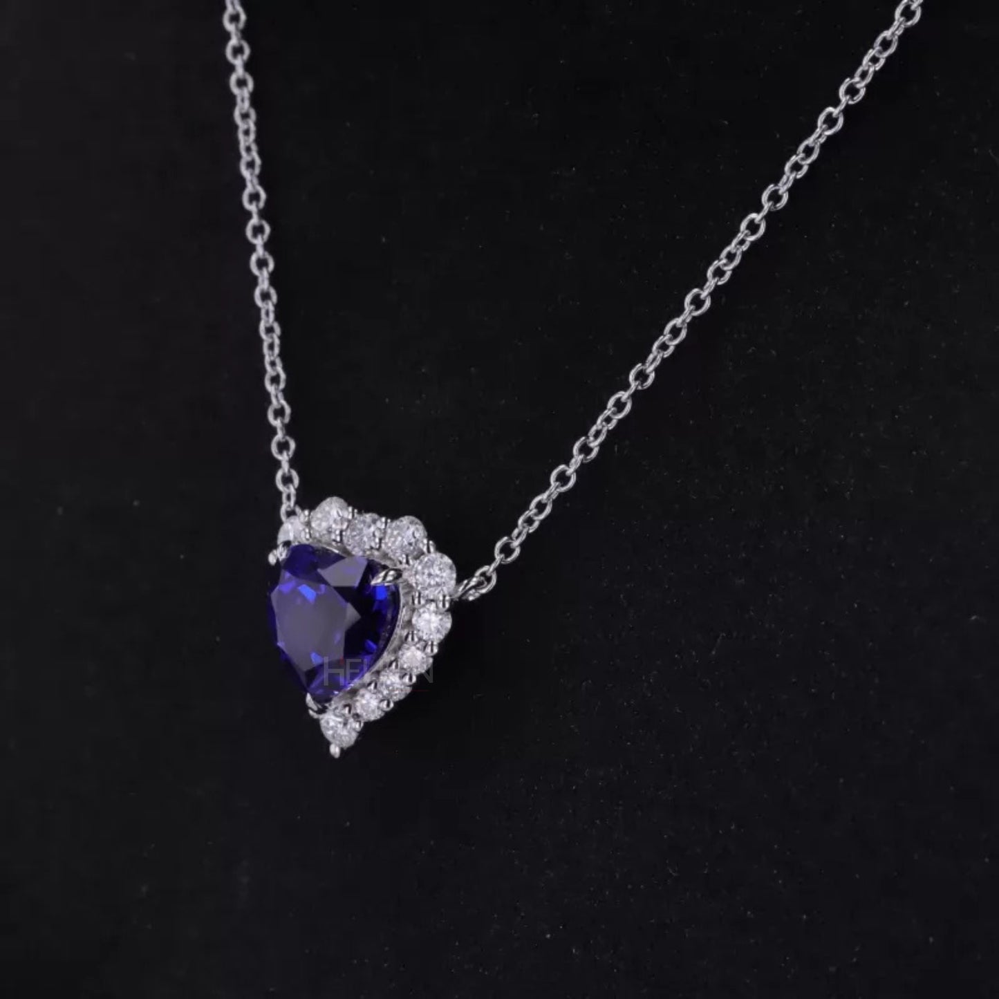 Heart Blue Sapphire Gemstone with Halo Moissanite Necklace