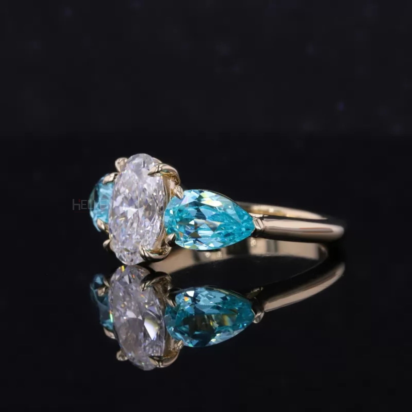 Aquamarine Pear & Oval Cut Moissanite 3 Stone Engagement Ring