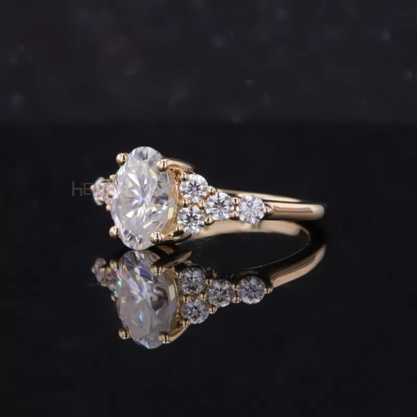 Oval Moissanite Solitaire & Round Cut Vintage Cluster Ring