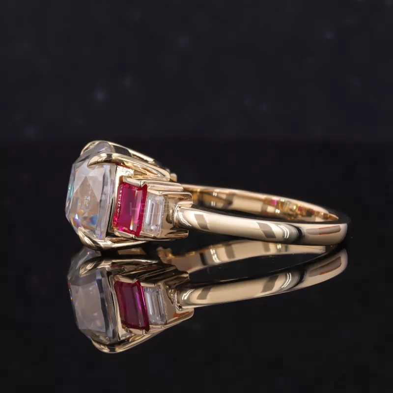 Cushion Old European Cut with Emerald & Ruby Side Stone Ring
