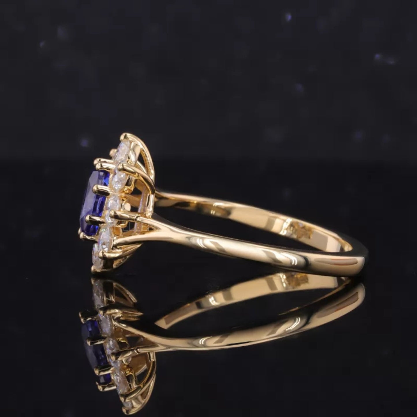 Blue Sapphire Oval Gemstone with Round Cut Halo Engagement Ring