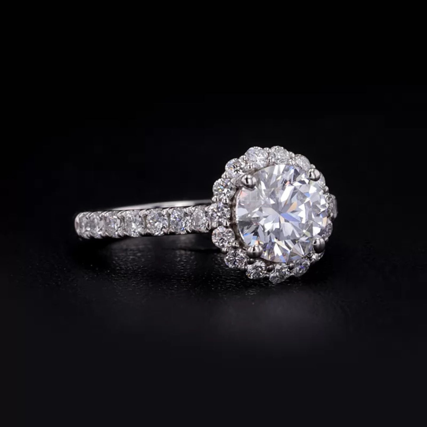 Round Cut Solitaire Moissanite Halo Pave Engagement Ring