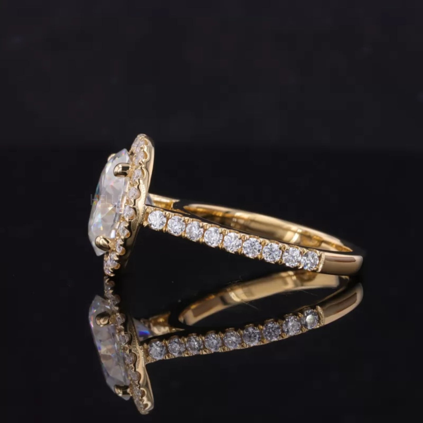 Oval Cut Center & Round Halo Moissanite 3 Stone Proposal Ring
