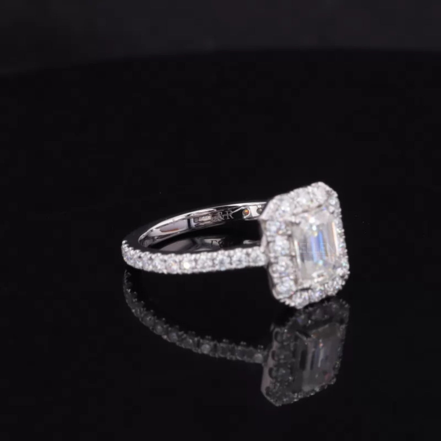 Center Emerald Cut And Round Halo Moissanite Engagement Ring