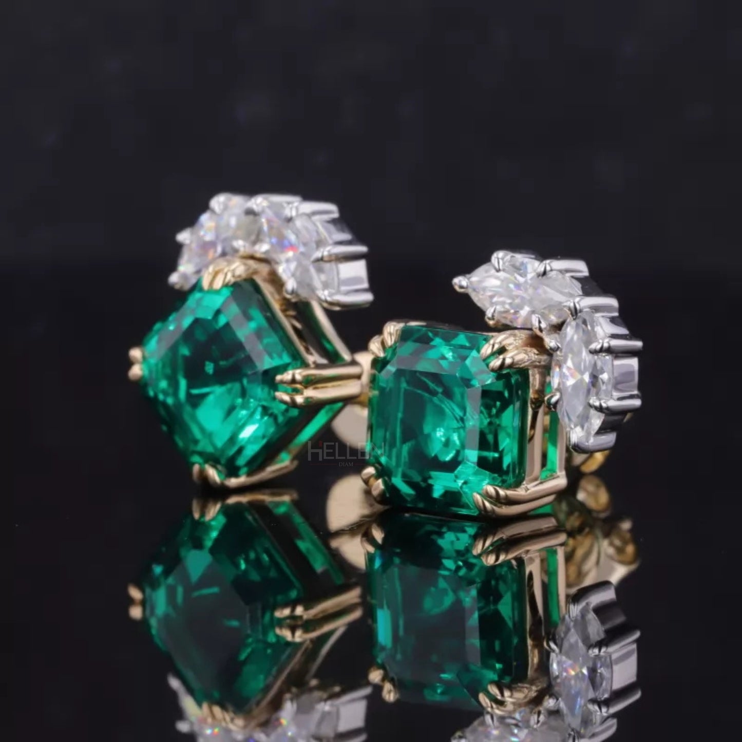 Exclusive Asscher Cut Zambian Emerald & Marquise Moissanite Studs