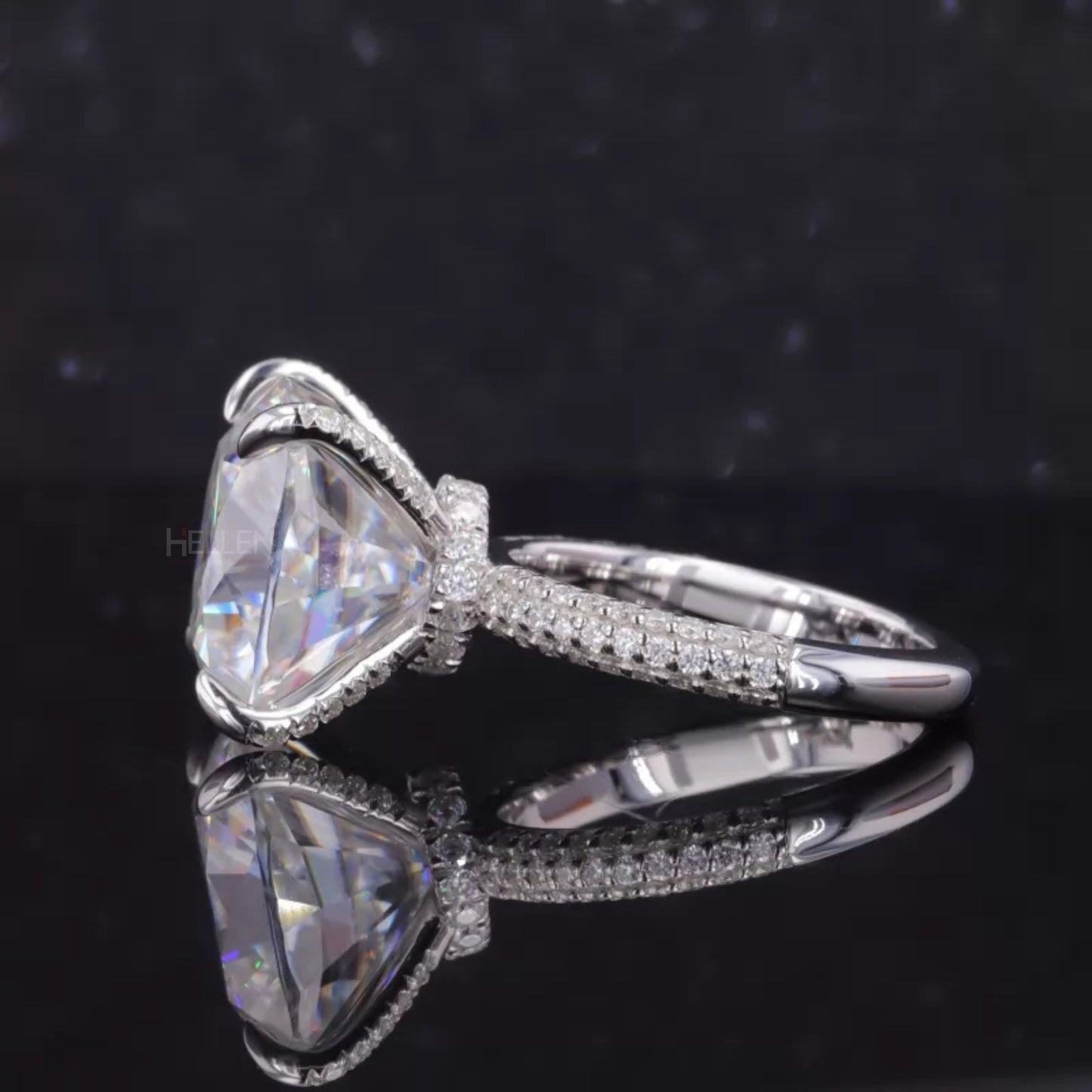 10 Ct Cushion Cut Solitaire Moissanite Hidden Halo & Round Side Ring