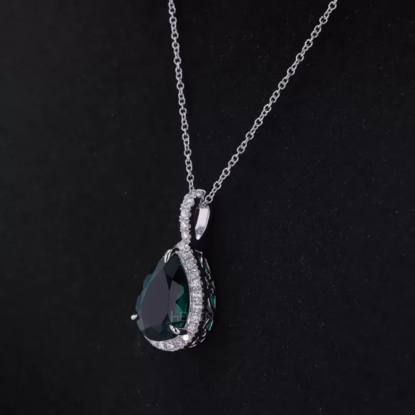 Bridesmaid Pear Cut Green Emerald And Moissanite Halo Necklace