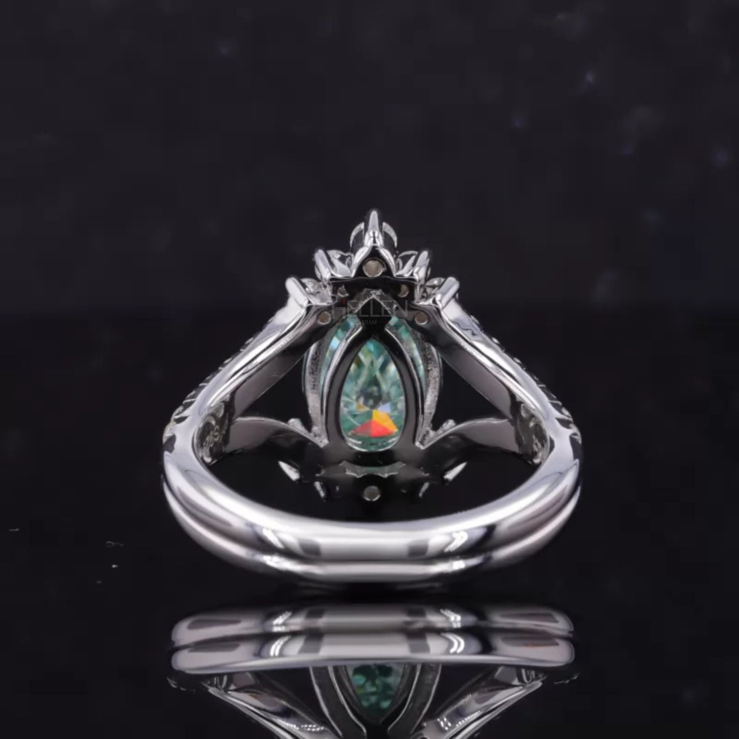 Blue-Green Pear & Round Moissanite Split Shank Engagement Ring
