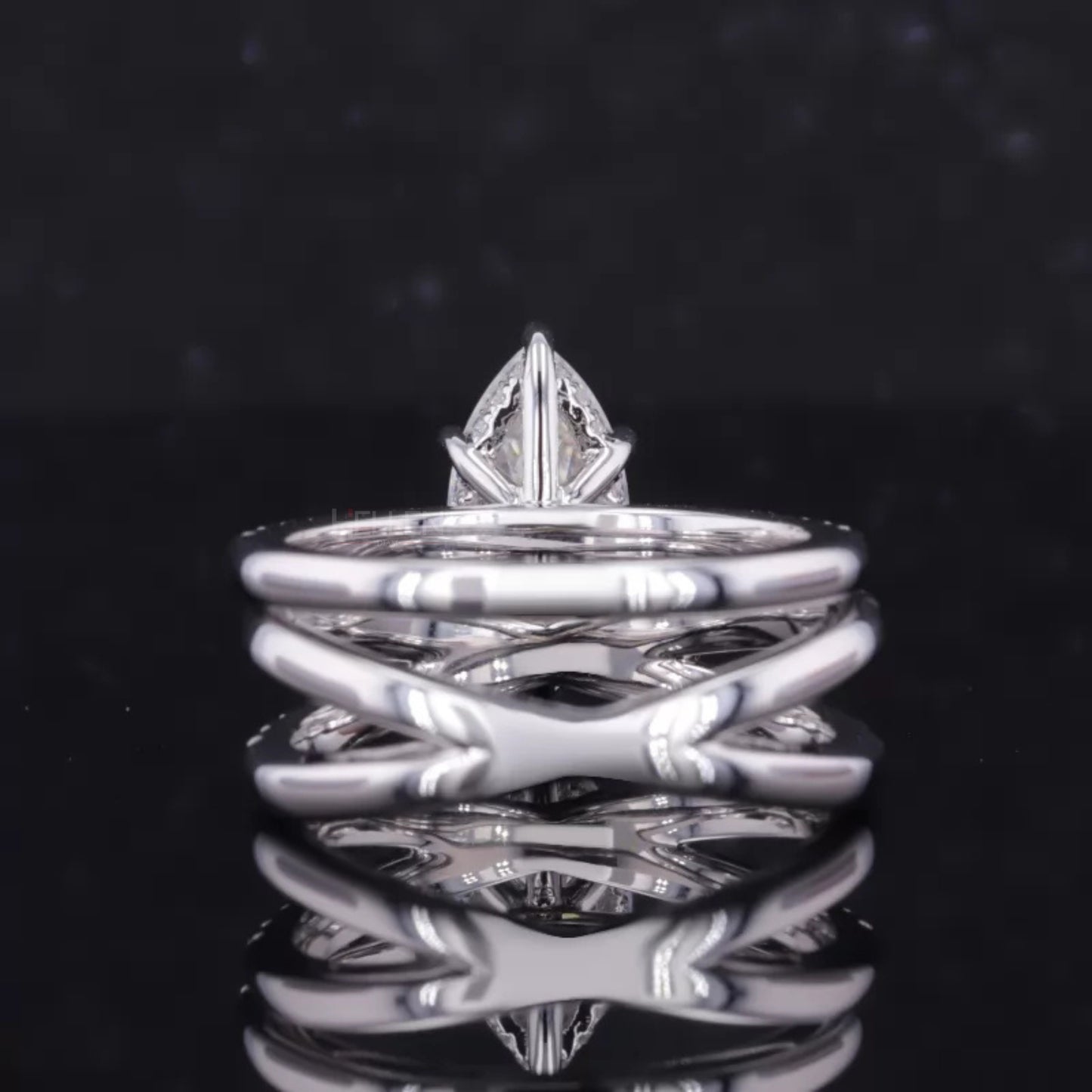 Marquis Solitaire Crossed Shank Ring with Stackable Eternity Band