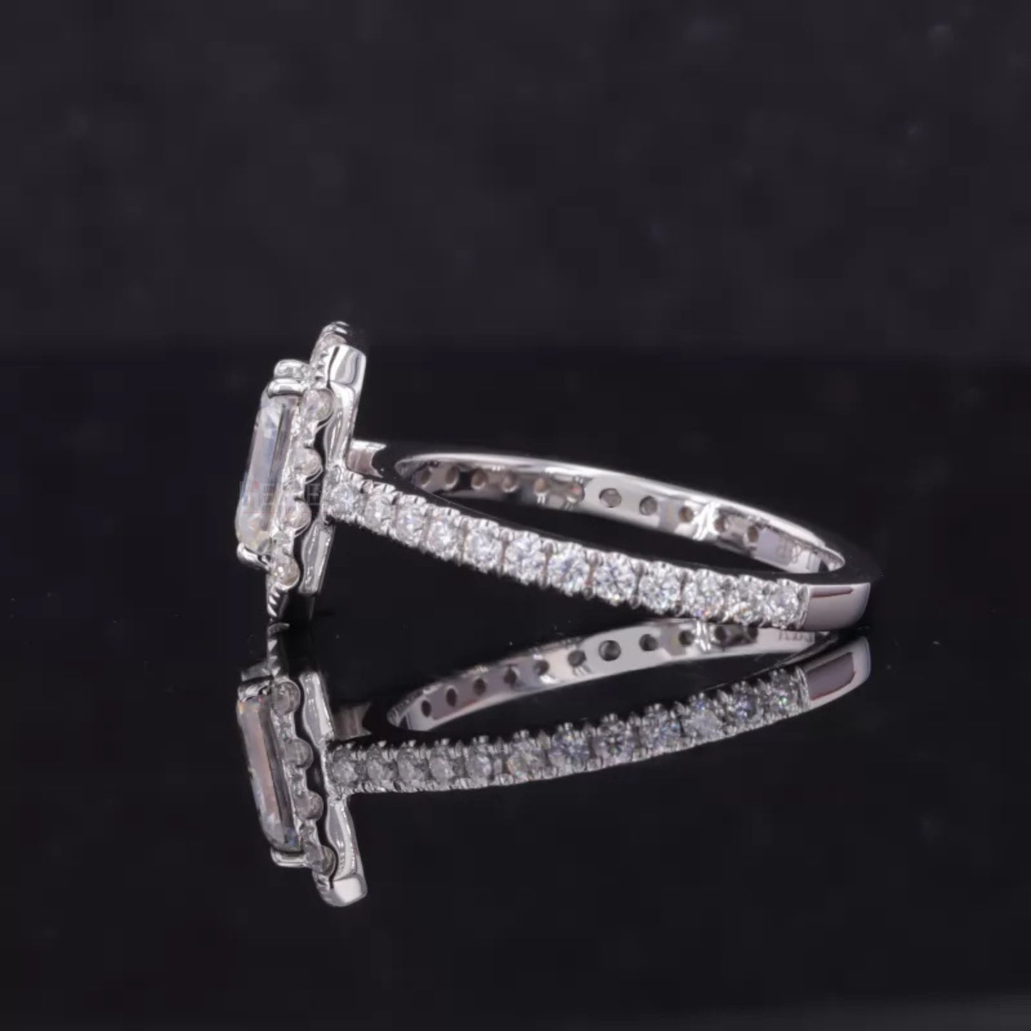 Center Emerald Cut And Round Halo Moissanite Engagement Ring