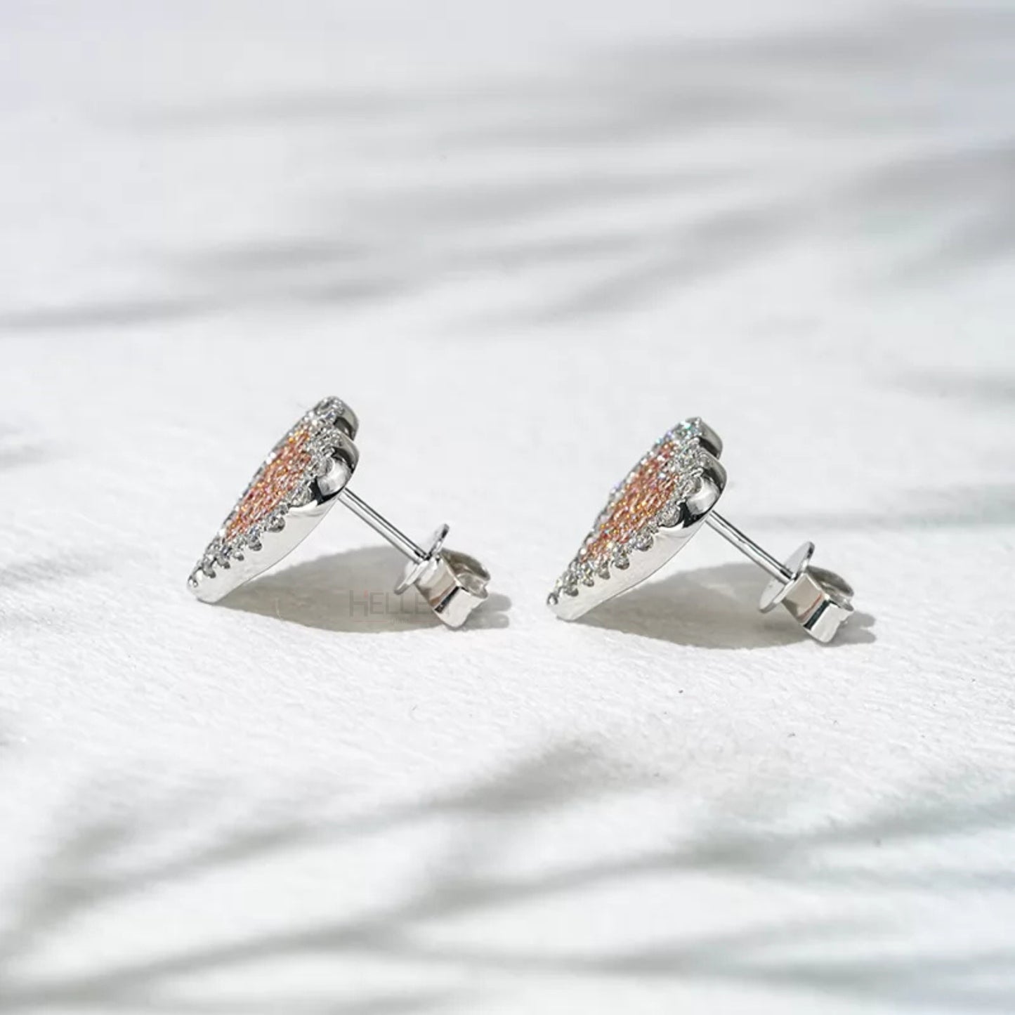 Pink Gemstone And Colorless Moissanite Heart shaped Studs