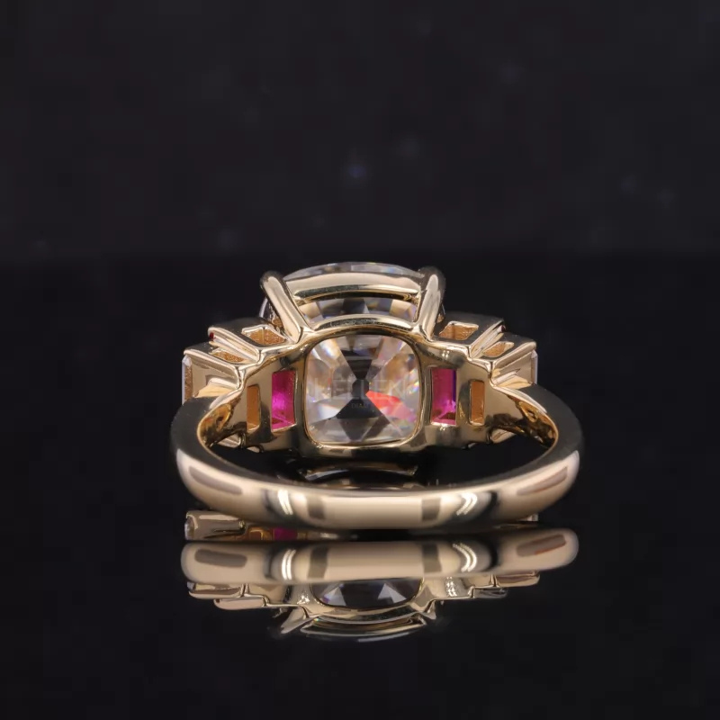 Cushion Old European Cut with Emerald & Ruby Side Stone Ring
