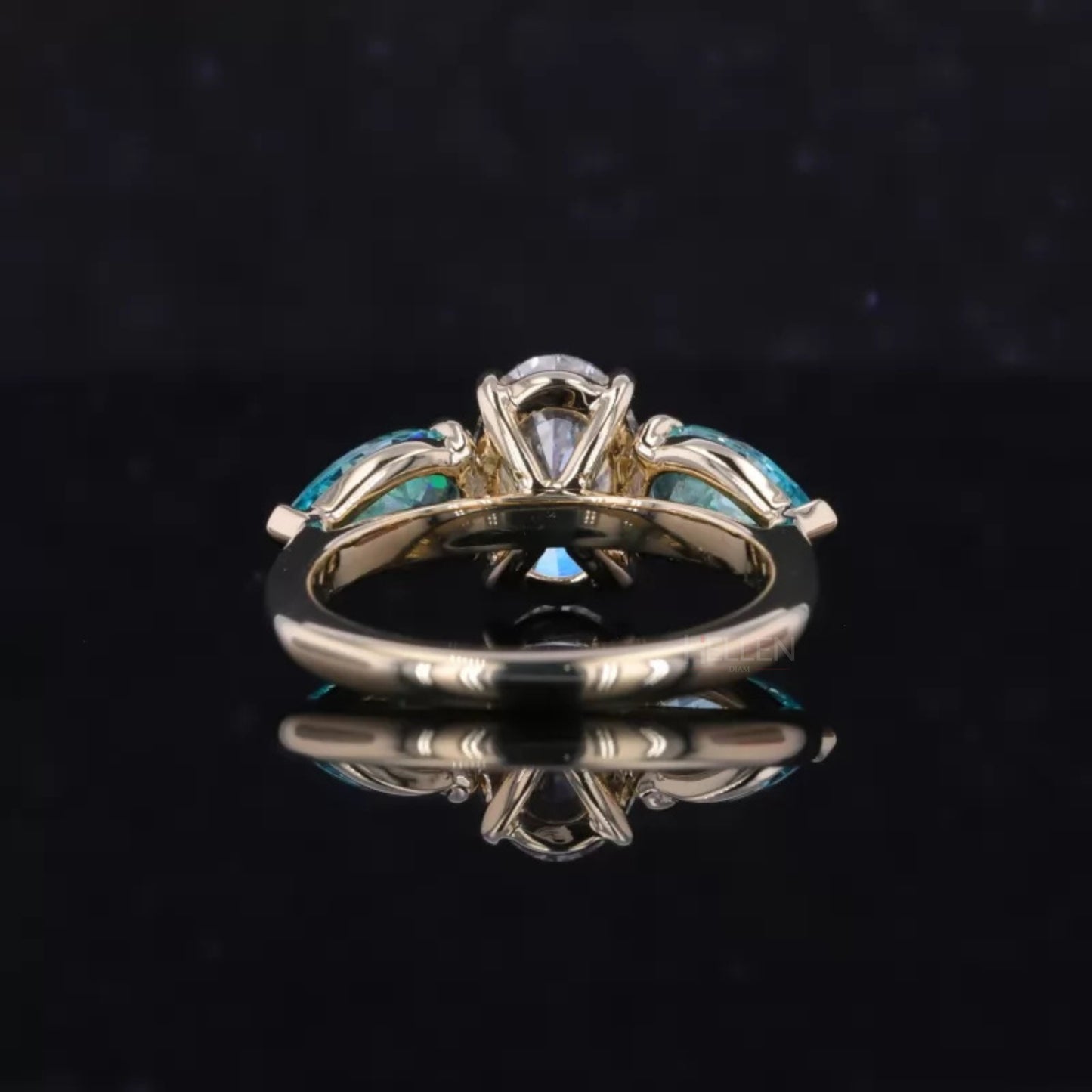 Aquamarine Pear & Oval Cut Moissanite 3 Stone Engagement Ring