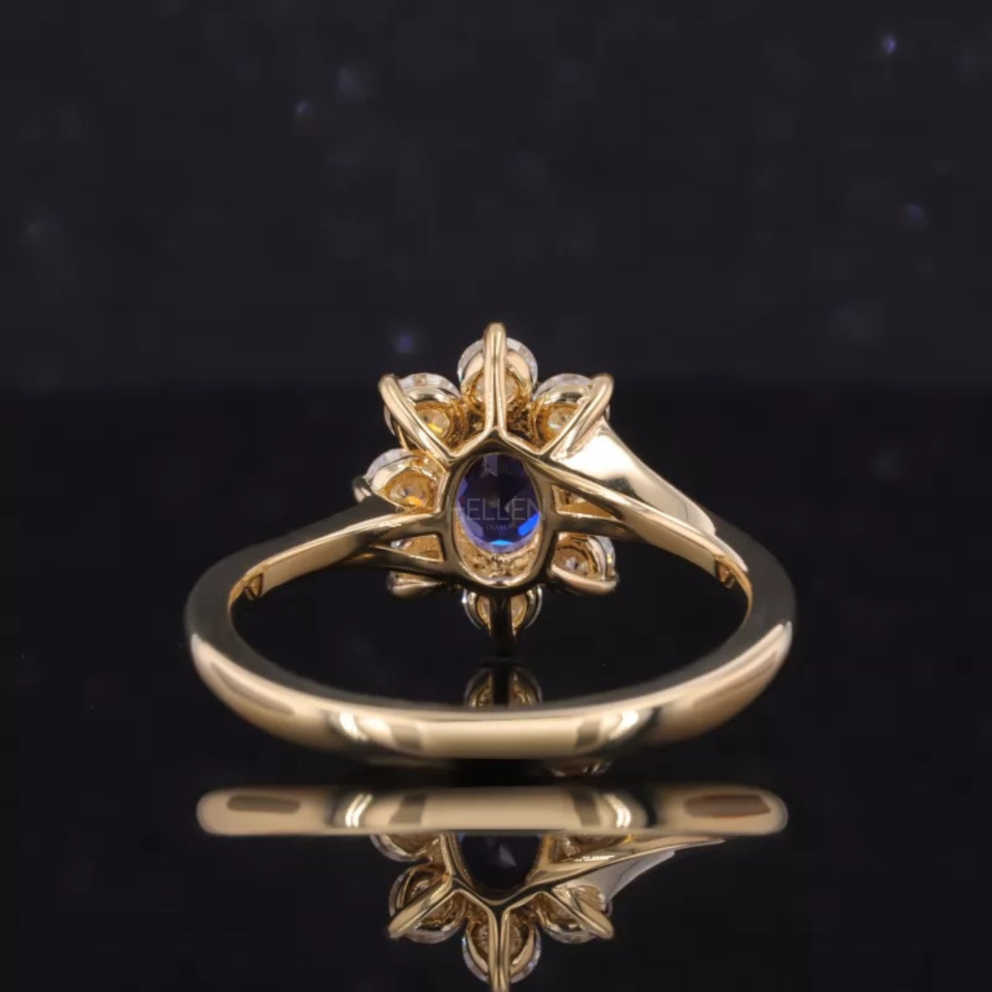 Blue Sapphire Oval Gemstone with Round Cut Halo Engagement Ring