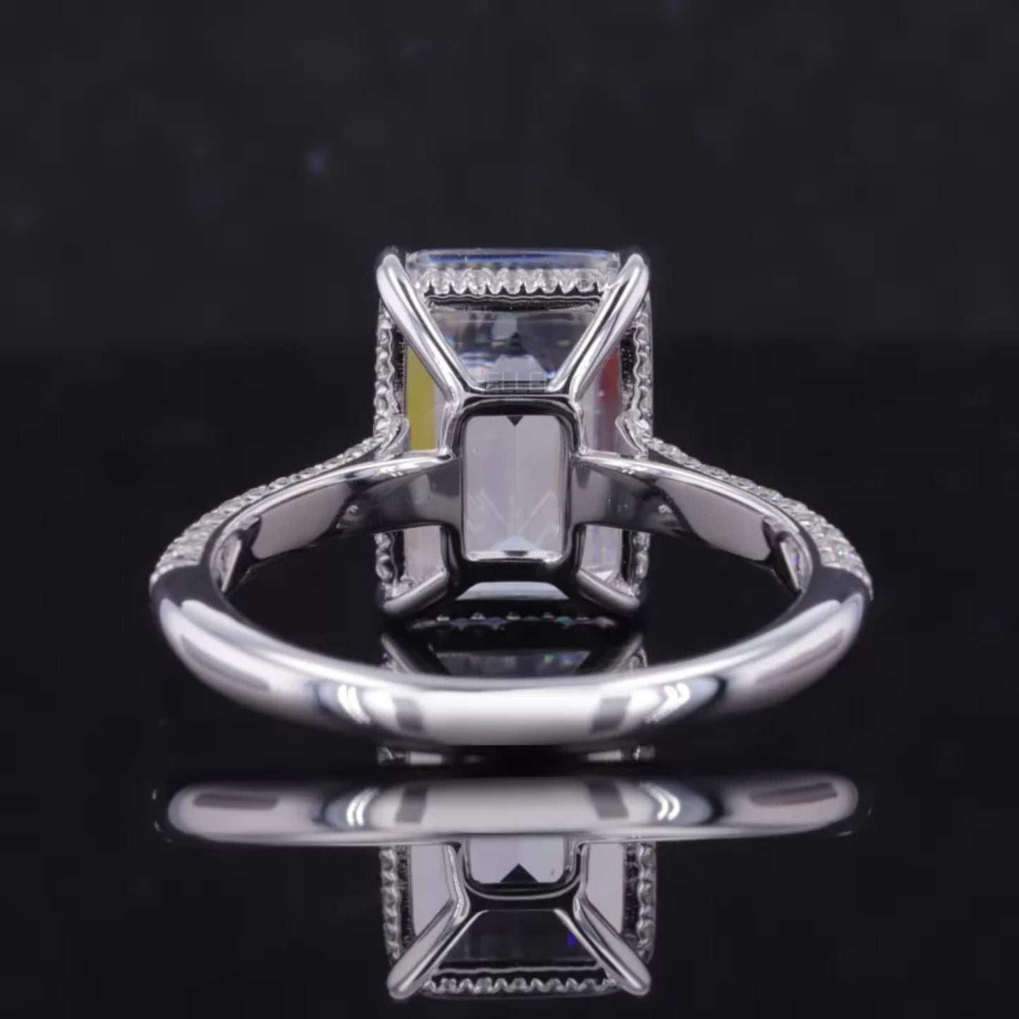 Emerald Cut Solitaire Moissanite Hidden Halo & Round Side Ring
