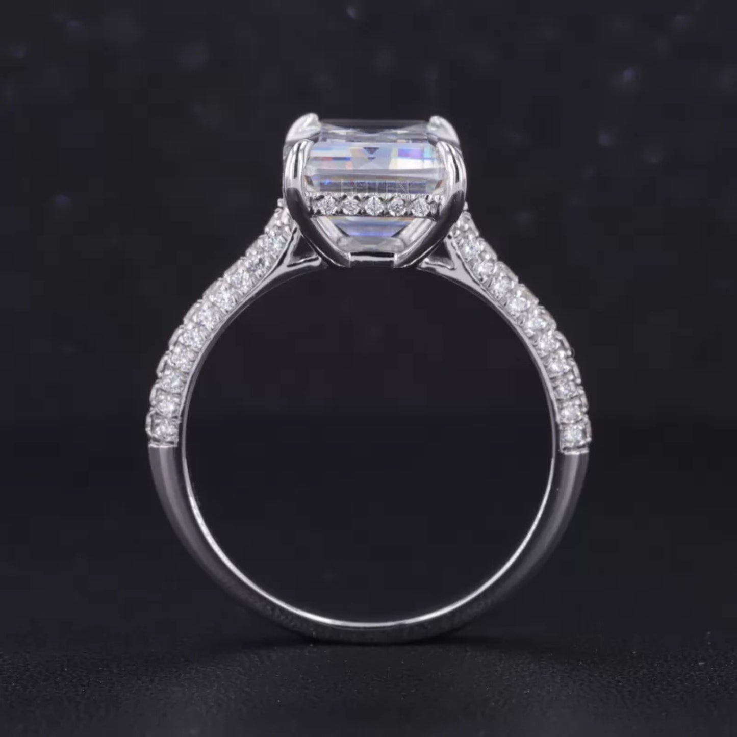 Emerald Cut Solitaire Moissanite Hidden Halo & Round Side Ring