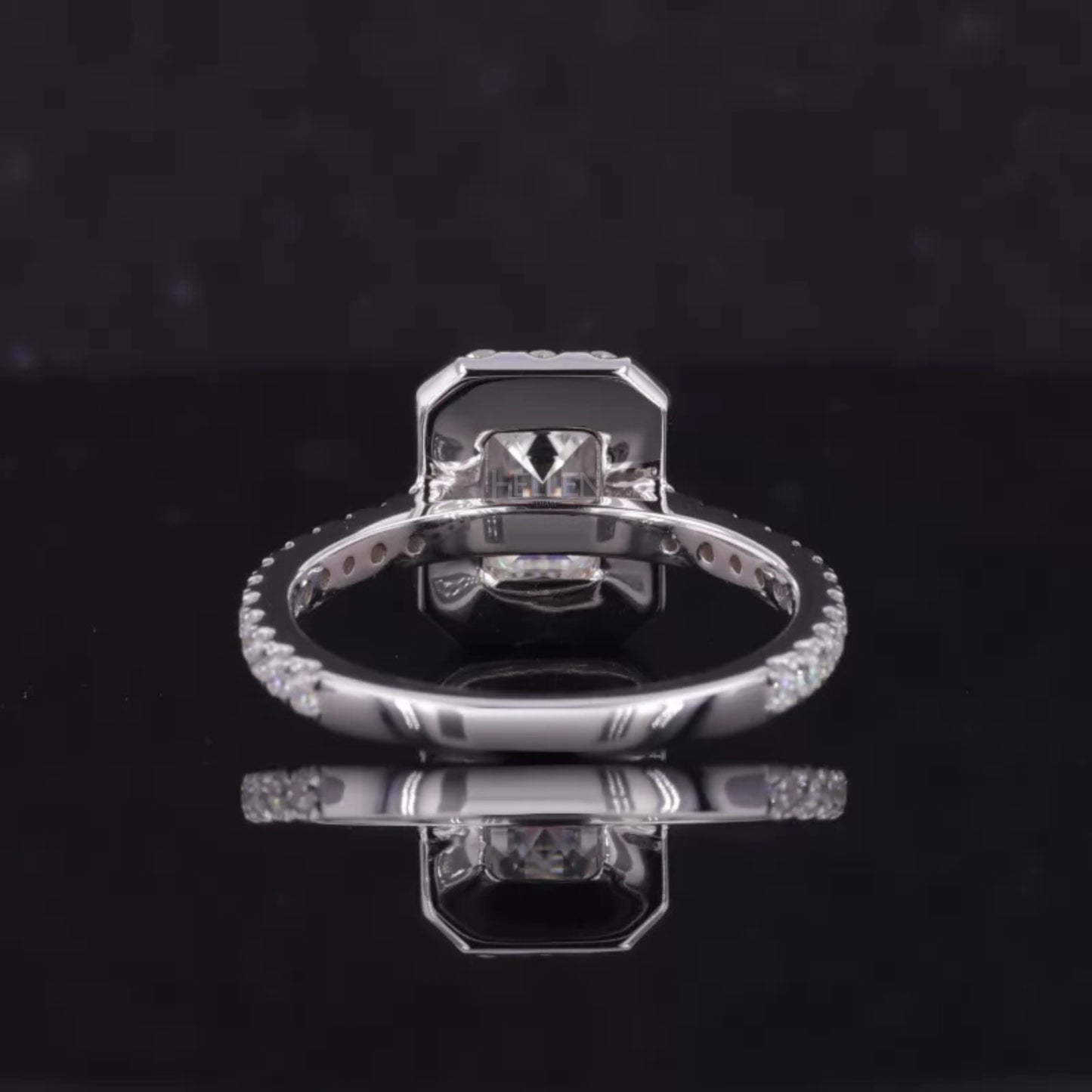 Center Emerald Cut And Round Halo Moissanite Engagement Ring