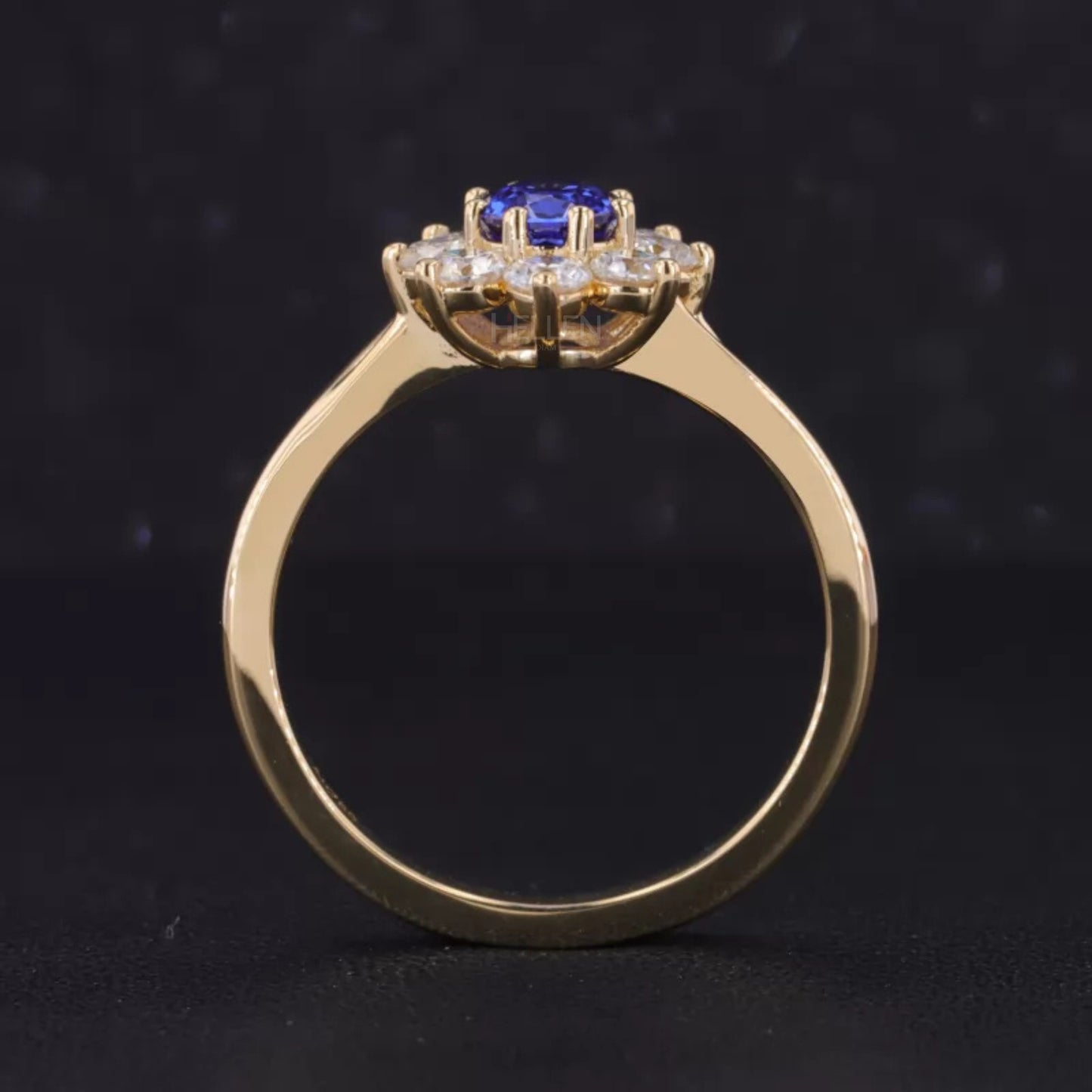 Blue Sapphire Oval Gemstone with Round Cut Halo Engagement Ring