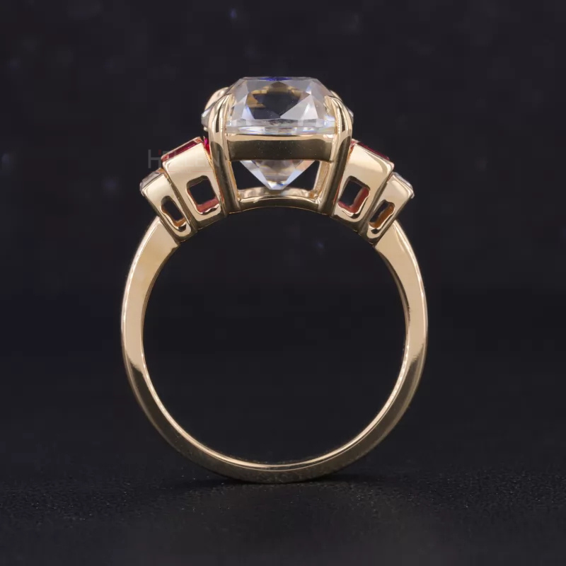 Cushion Old European Cut with Emerald & Ruby Side Stone Ring