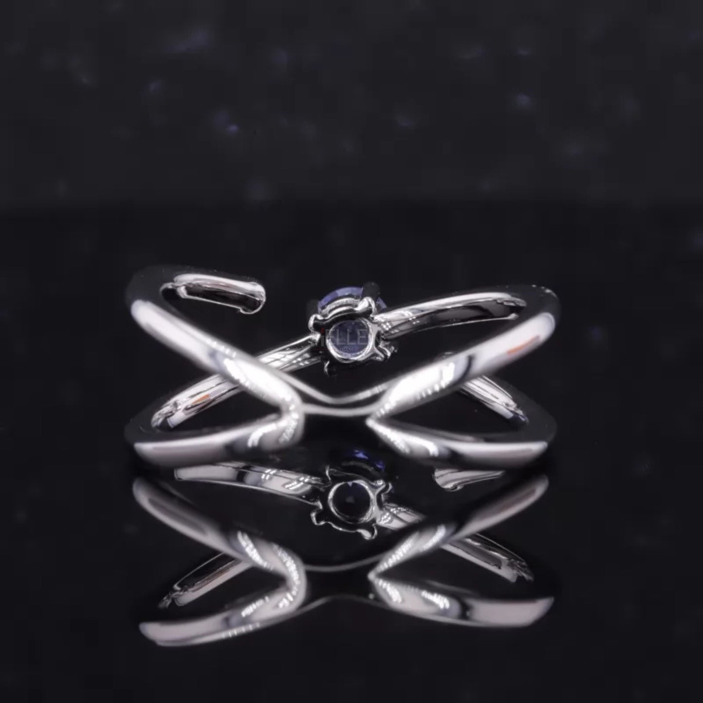 Blue Sapphire Round Cut Gemstone & Round Side Stone Crossover Ring